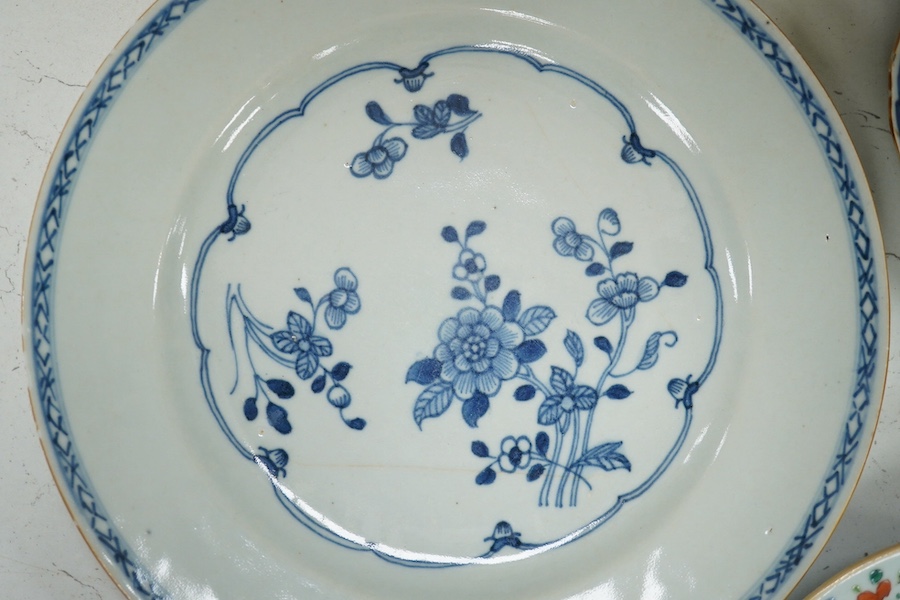 Nine items of mixed 18th century and later Chinese ceramics etc., largest plate 22.5cm diameter. Condition - minor chips to plate and bowl edges